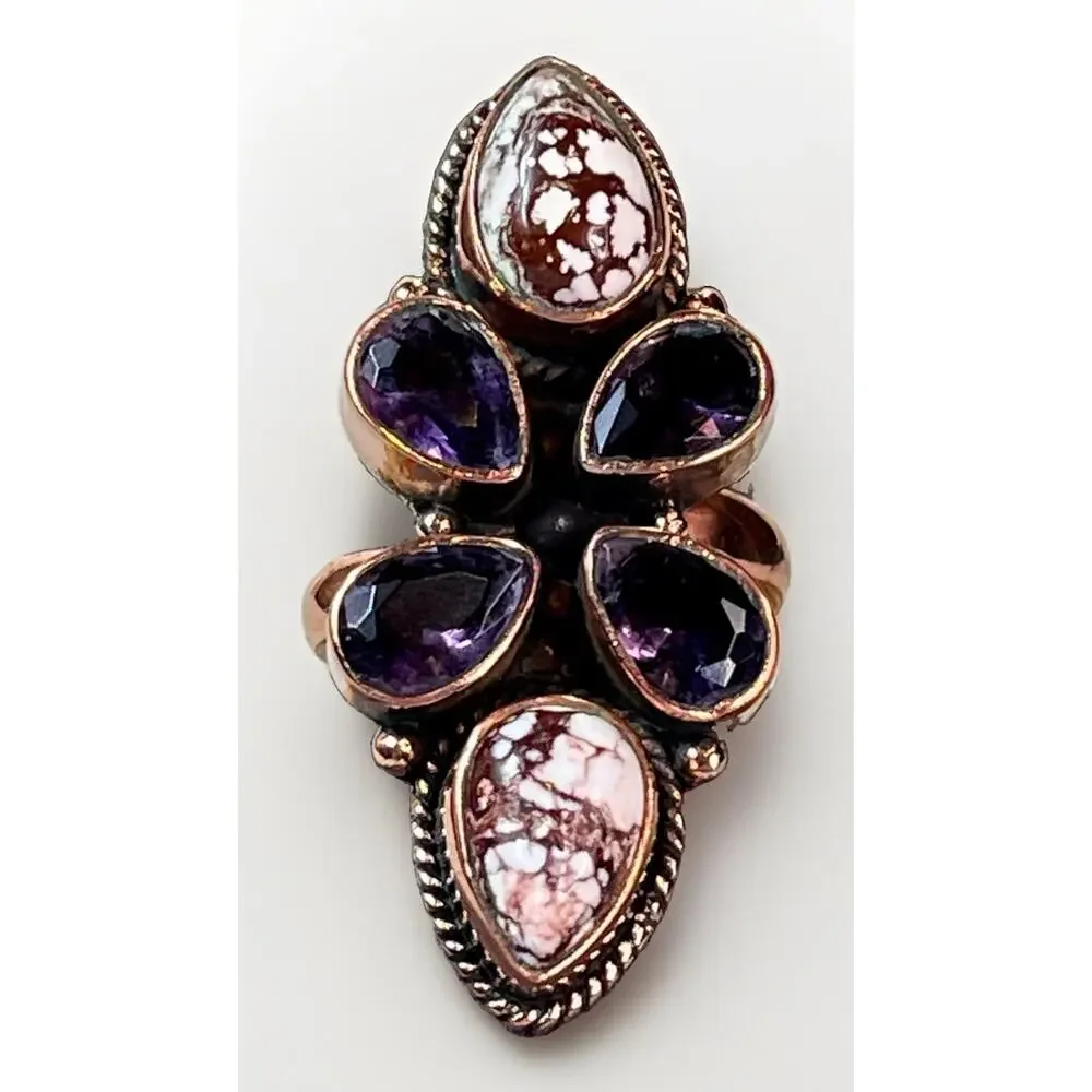 Wild Horse Turquoise Amethyst Copper Cluster SW Statement Ring Adj Sz Handmade